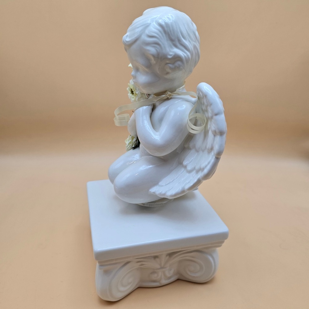 Vintage White Ceramic Rotating Cherub Angel Figurine on Pedestal with Flowers - Picture 3 of 16